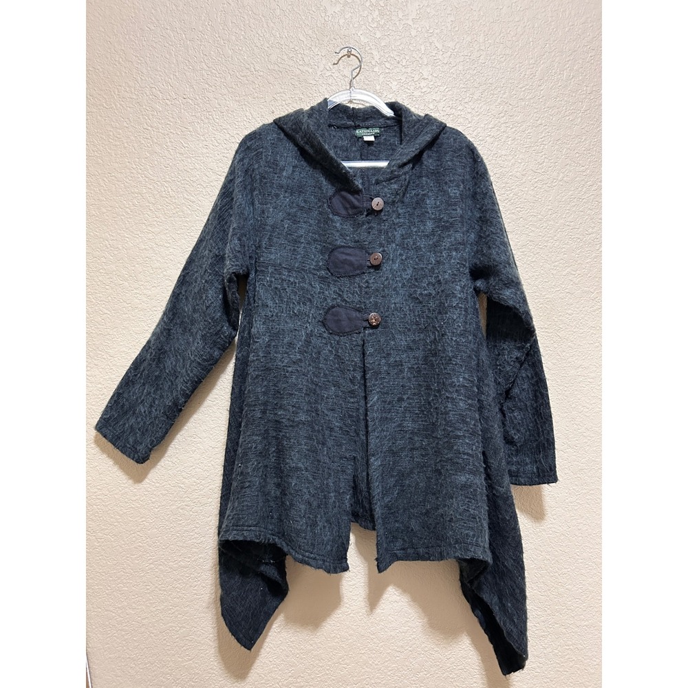 Kathmandu Imports OS Wool Hooded Sharkbite Cardigan Gray Boho Gorpcore Sweater